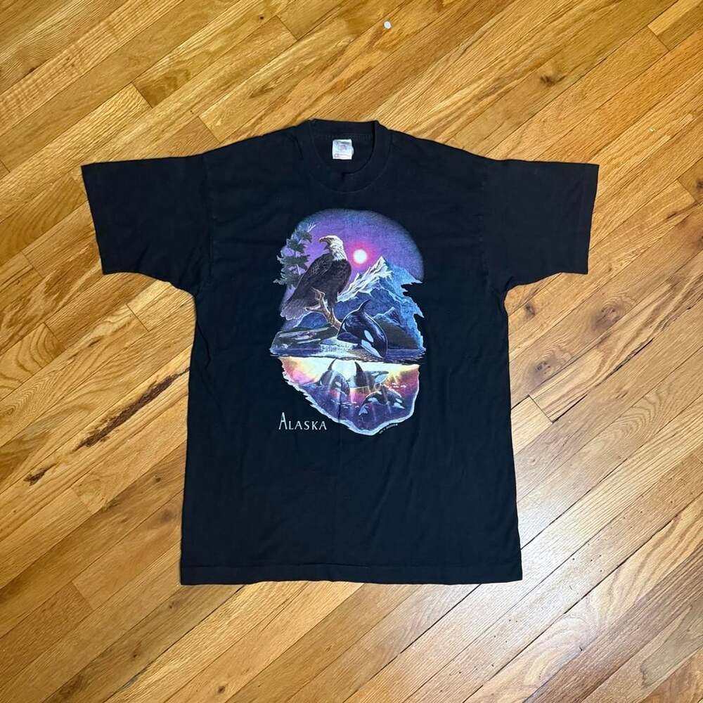 Fruit of the Loom Alaska Graphic Tee Size L Black Vintage Eagle Orca